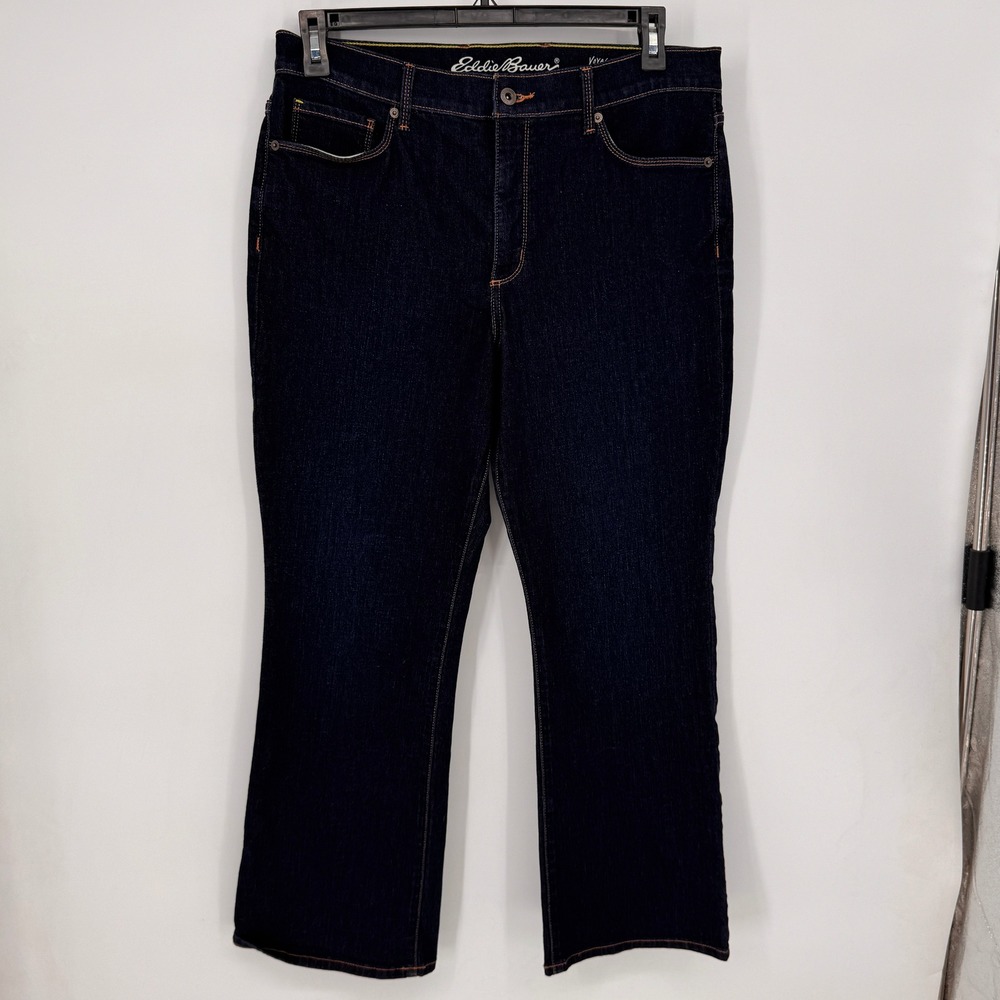Eddie Bauer Voyager Jeans Womens P14 Dark Indigo Good High Rise Bootcut Stretch